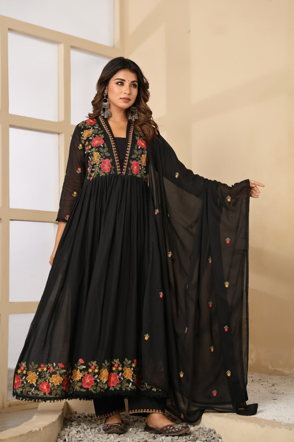 Dusty Rose Mul Cotton Embroidered Anarkali Kurta Set with Inner & Dupatta