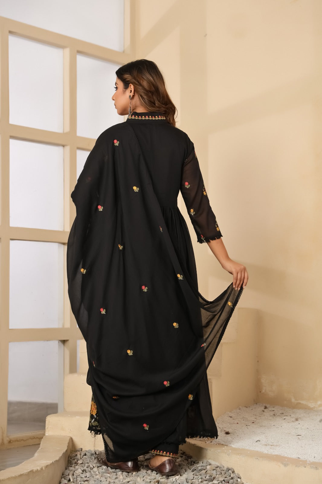 Dusty Rose Mul Cotton Embroidered Anarkali Kurta Set with Inner & Dupatta