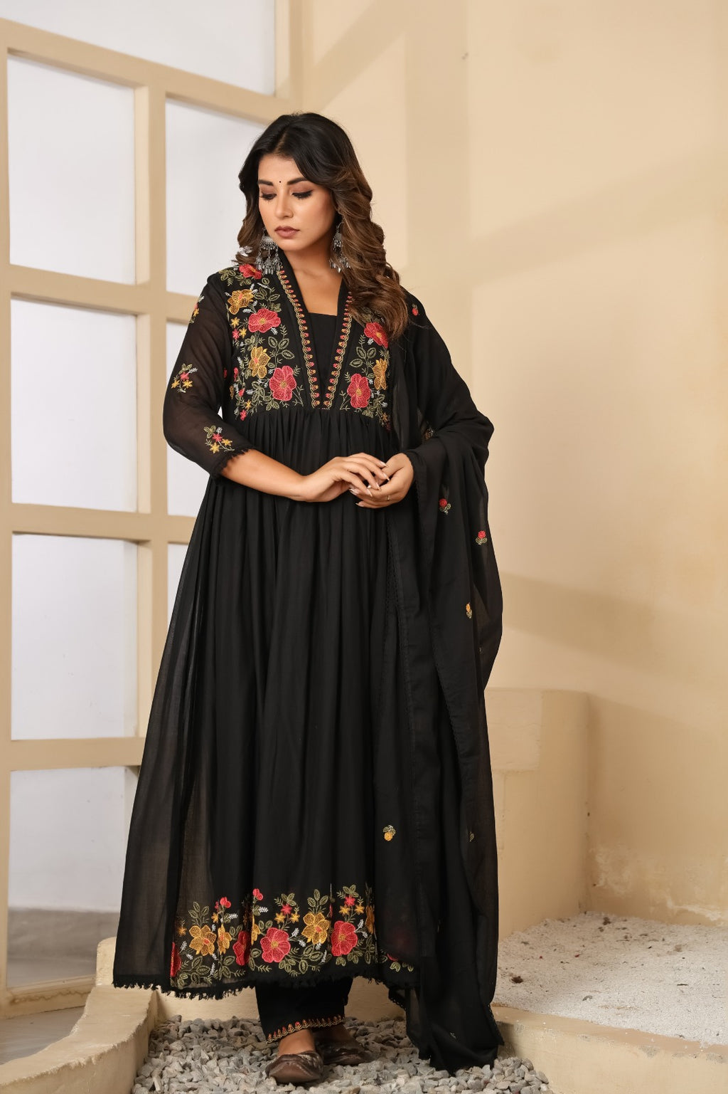 Dusty Rose Mul Cotton Embroidered Anarkali Kurta Set with Inner & Dupatta
