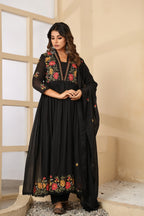Dusty Rose Mul Cotton Embroidered Anarkali Kurta Set with Inner & Dupatta