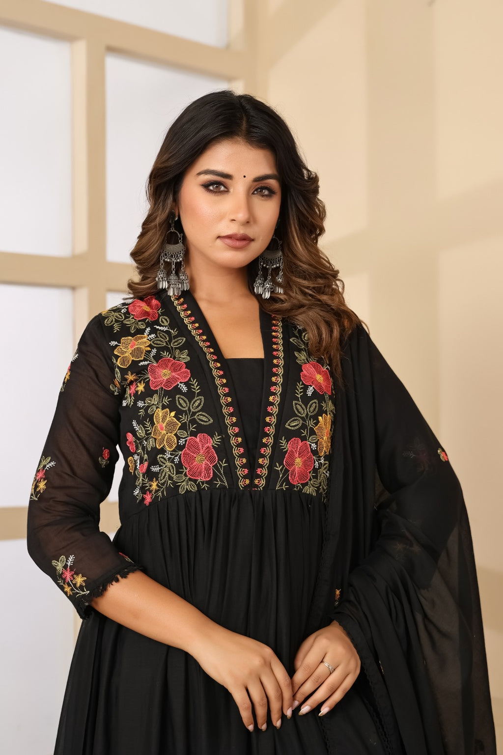 Dusty Rose Mul Cotton Embroidered Anarkali Kurta Set with Inner & Dupatta