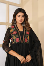 Dusty Rose Mul Cotton Embroidered Anarkali Kurta Set with Inner & Dupatta