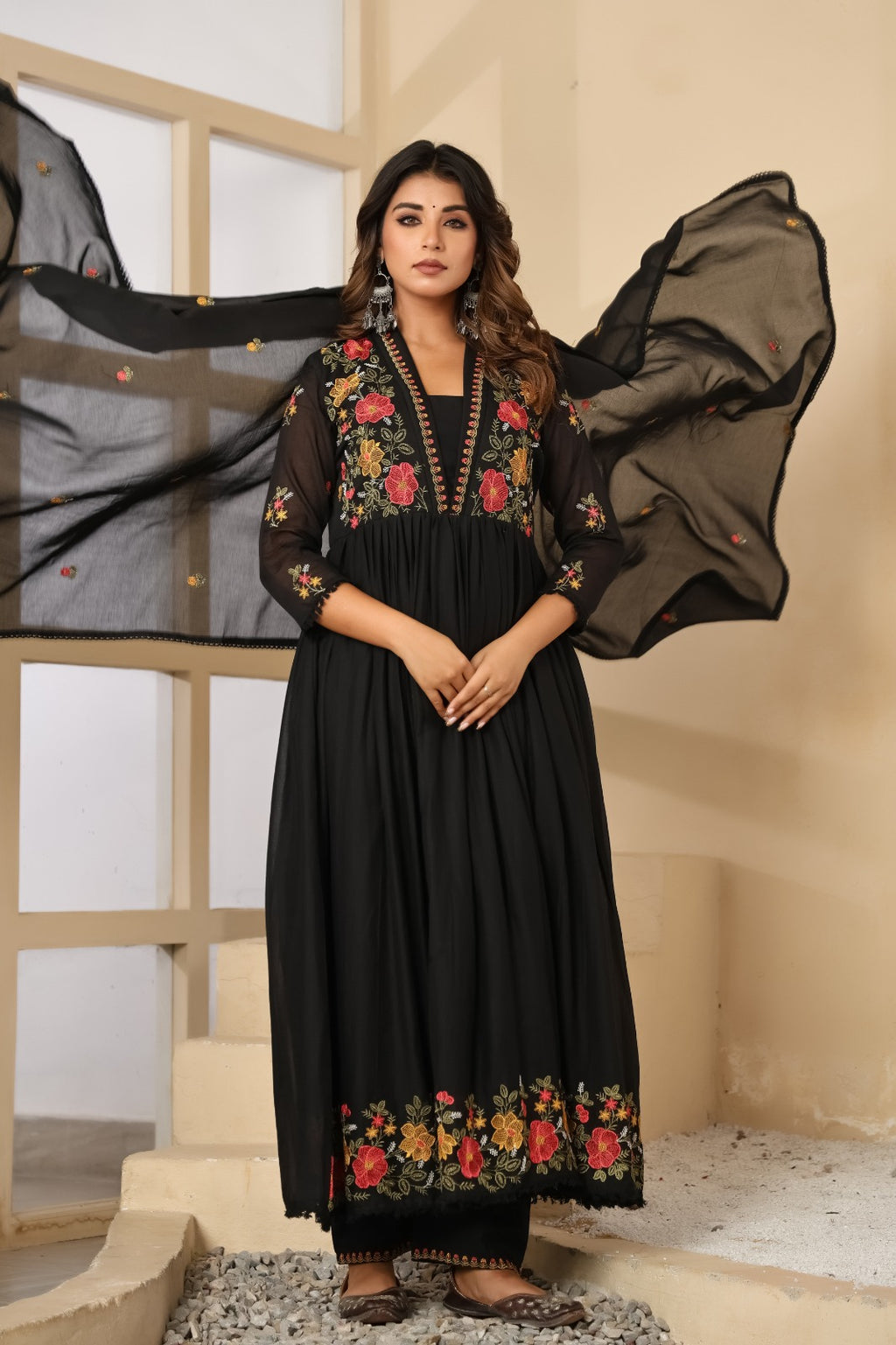 Dusty Rose Mul Cotton Embroidered Anarkali Kurta Set with Inner & Dupatta