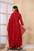 Dusty Rose Mul Cotton Embroidered Anarkali Kurta Set with Inner & Dupatta