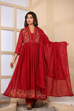 Dusty Rose Mul Cotton Embroidered Anarkali Kurta Set with Inner & Dupatta