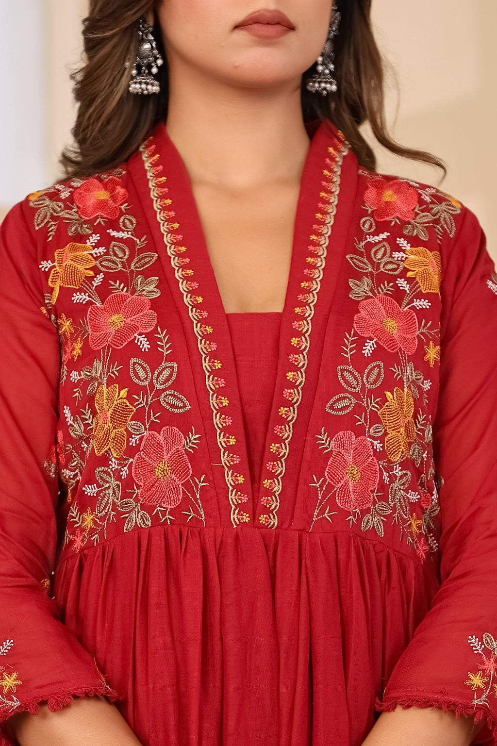 Dusty Rose Mul Cotton Embroidered Anarkali Kurta Set with Inner & Dupatta