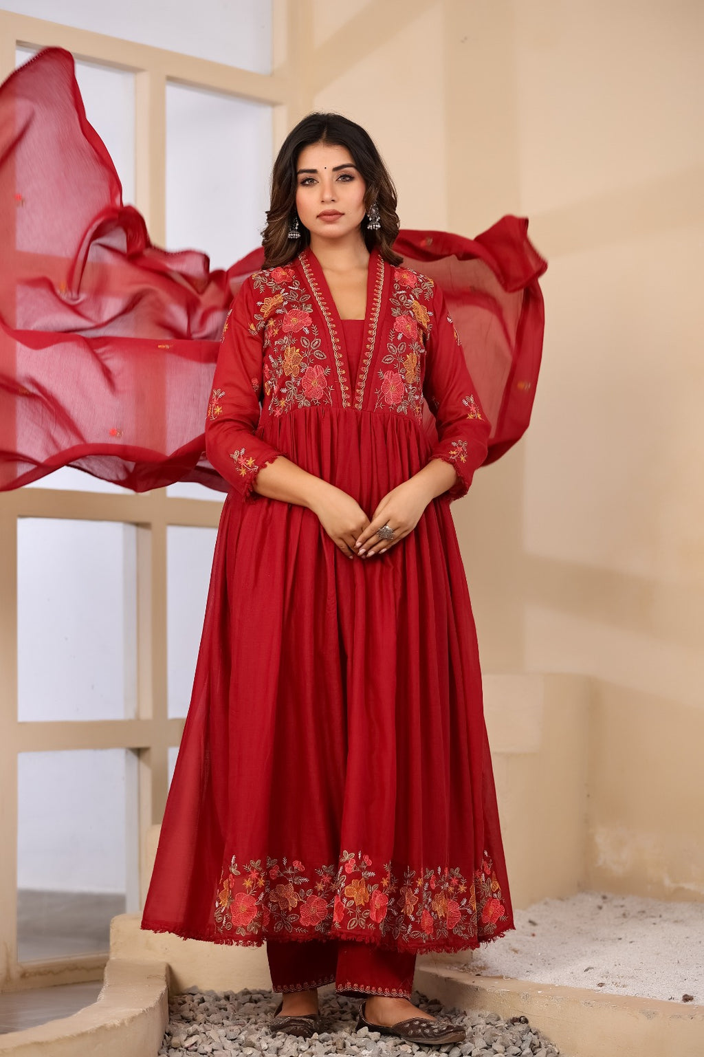 Dusty Rose Mul Cotton Embroidered Anarkali Kurta Set with Inner & Dupatta