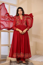 Dusty Rose Mul Cotton Embroidered Anarkali Kurta Set with Inner & Dupatta
