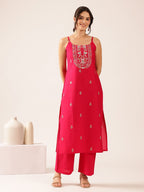 Pure Cotton Embroidered Straight Kurta & Palazzo Set - Pink
