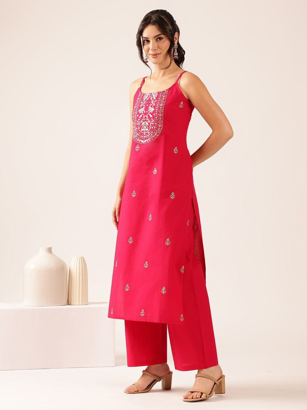 Pure Cotton Embroidered Straight Kurta & Palazzo Set - Pink