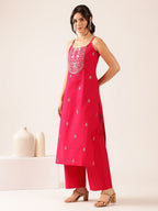 Pure Cotton Embroidered Straight Kurta & Palazzo Set - Pink
