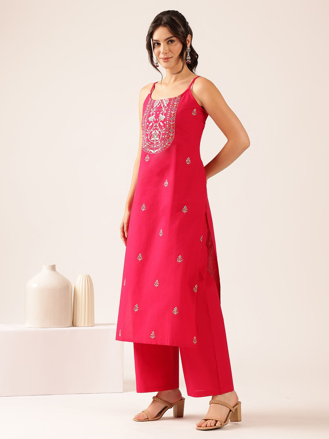 Pure Cotton Embroidered Straight Kurta & Palazzo Set - Pink