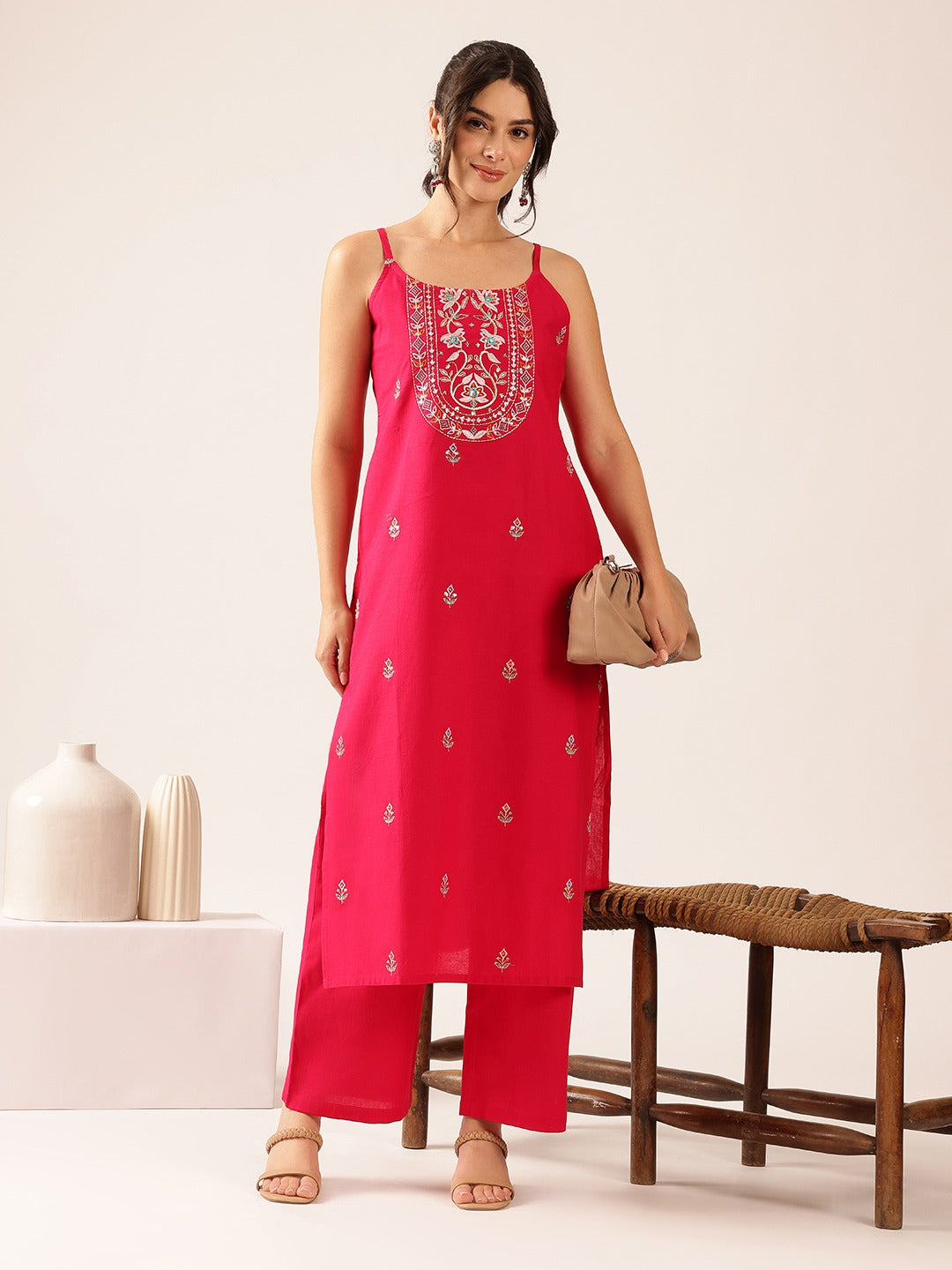 Pure Cotton Embroidered Straight Kurta & Palazzo Set - Pink