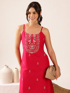 Pure Cotton Embroidered Straight Kurta & Palazzo Set - Pink