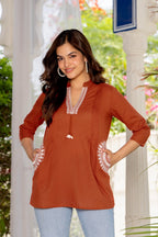 Rust Orange Cotton 60x60 Embroidered Women's Top