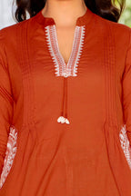 Rust Orange Cotton 60x60 Embroidered Women's Top