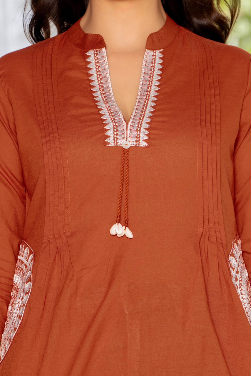 Rust Orange Cotton 60x60 Embroidered Women's Top