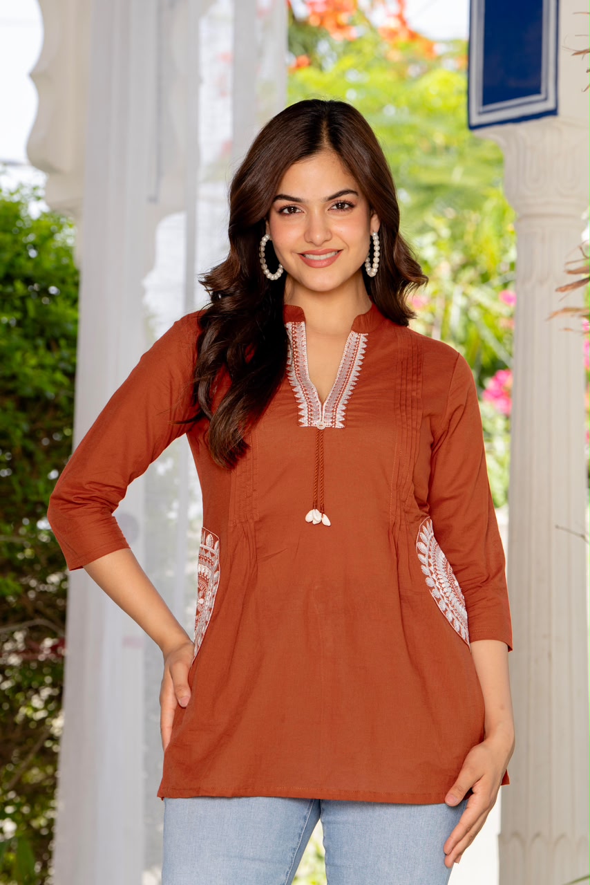 Rust Orange Cotton 60x60 Embroidered Women's Top