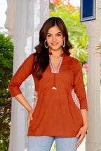 Rust Orange Cotton 60x60 Embroidered Women's Top
