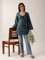 Women's Olive Green Floral Printed Cotton Tie-Up Tunic Top