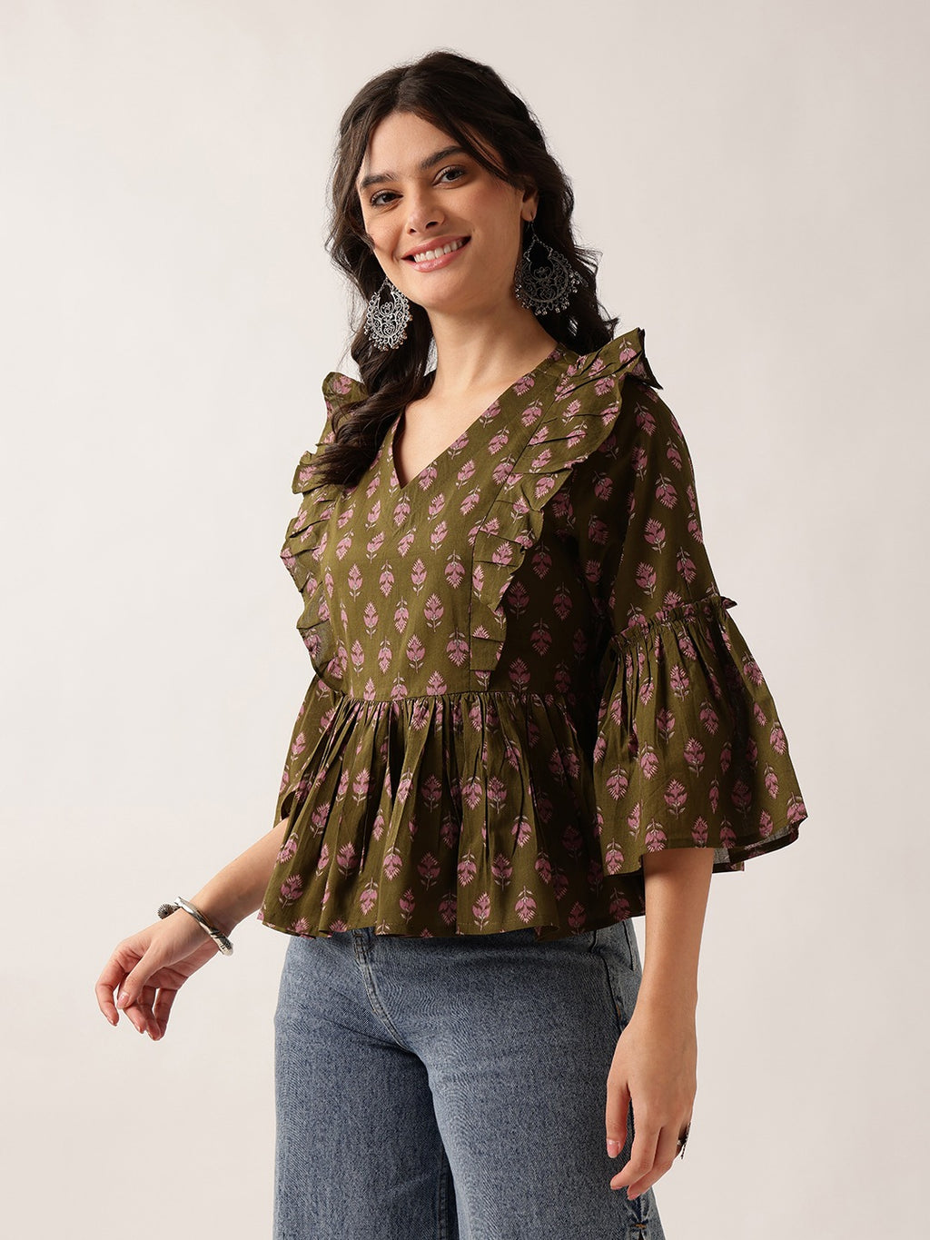 Women's Plum Printed Cotton Ruffle Peplum Top