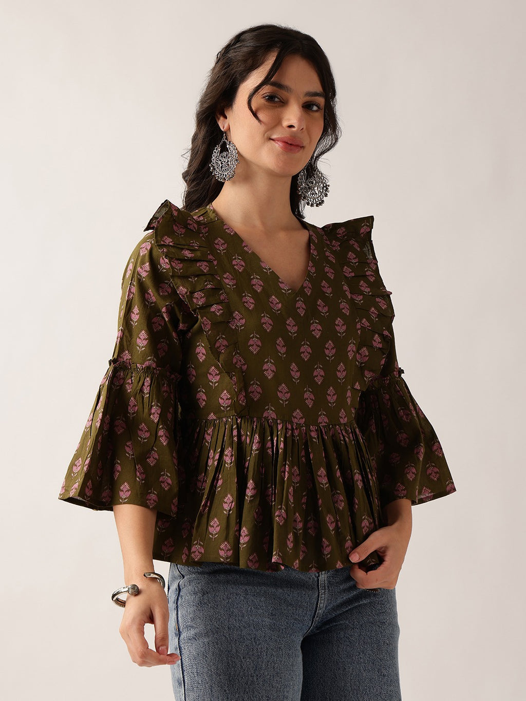 Women's Plum Printed Cotton Ruffle Peplum Top