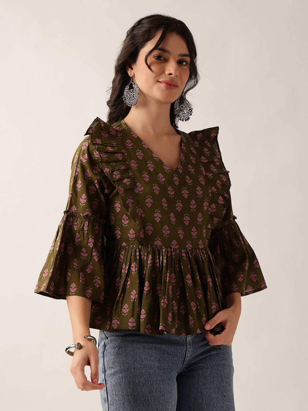 Women's Plum Printed Cotton Ruffle Peplum Top