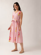 Women's Pink Floral Checkered Cotton Midi Dress with Waist Tie