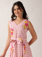 Women's Pink Floral Checkered Cotton Midi Dress with Waist Tie