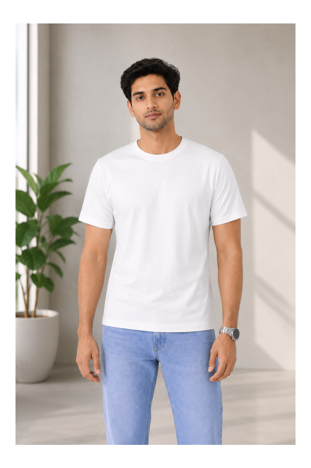 Man wearing a white t-shirt and light blue jeans standing indoors with a plant in the background