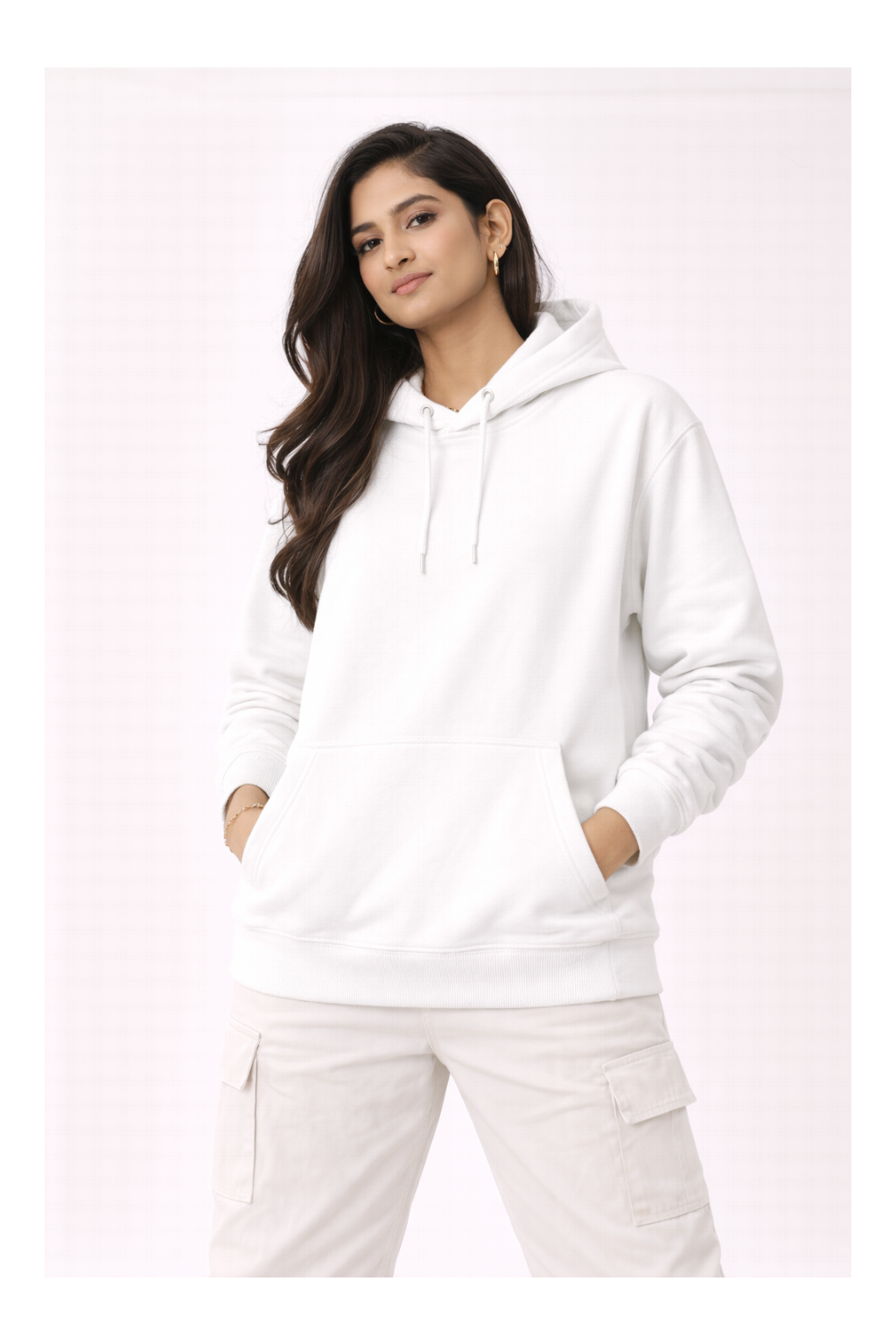 Woman wearing a white hoodie and pants on a light pink background