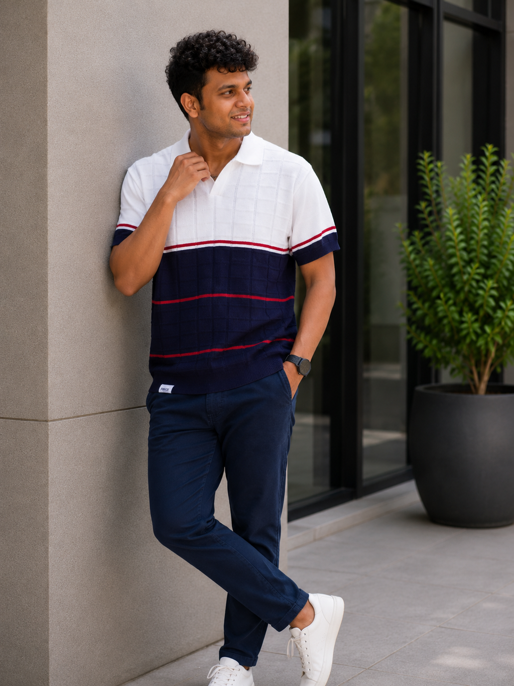 Premium Cotton Color Block Polo T-Shirt for Men | Textured Knit Casual Polo