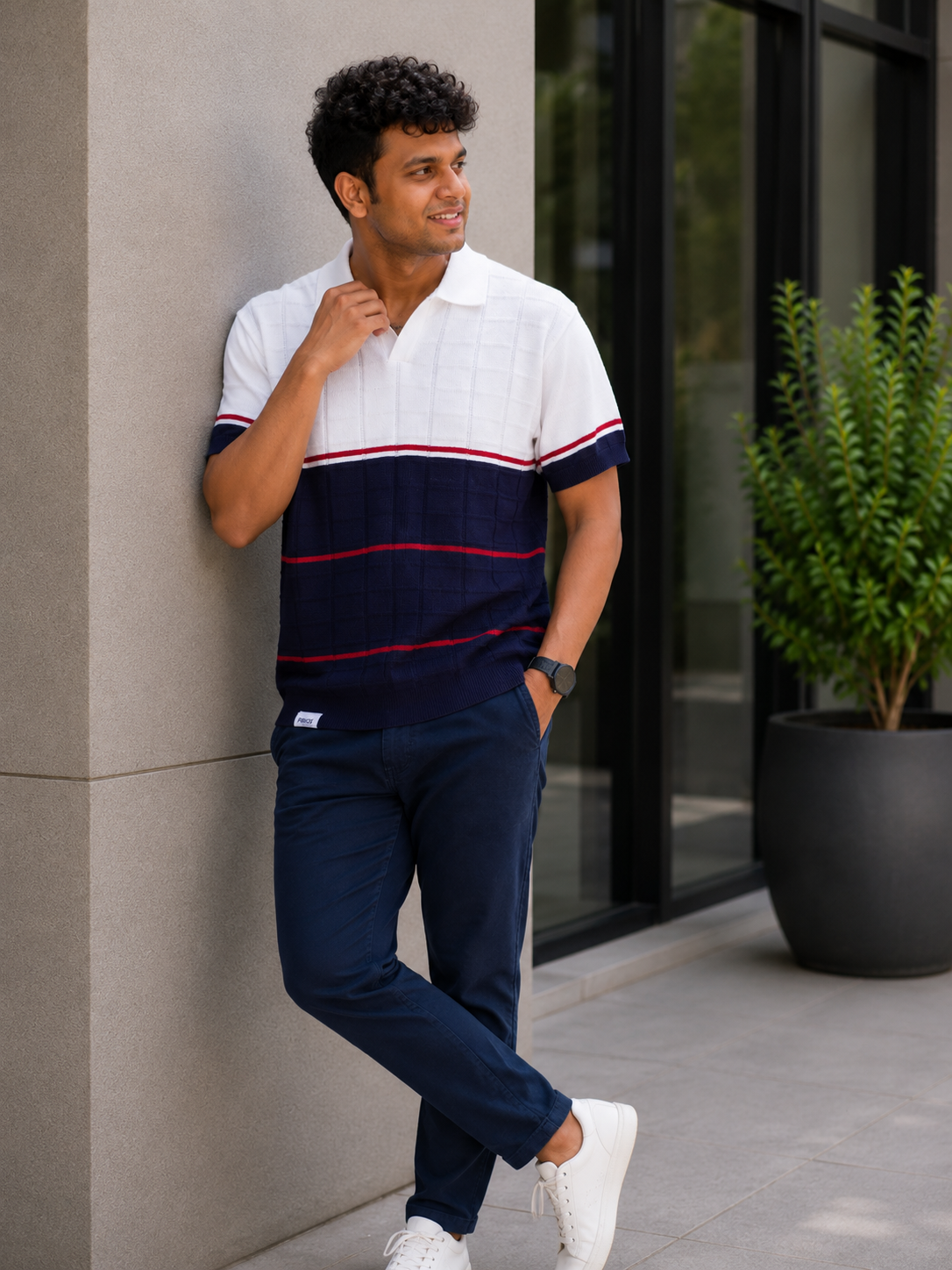 Premium Cotton Color Block Polo T-Shirt for Men | Textured Knit Casual Polo