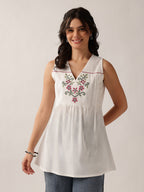Women's White Embroidered Cotton Sleeveless Tunic Top