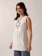 Women's White Embroidered Cotton Sleeveless Tunic Top
