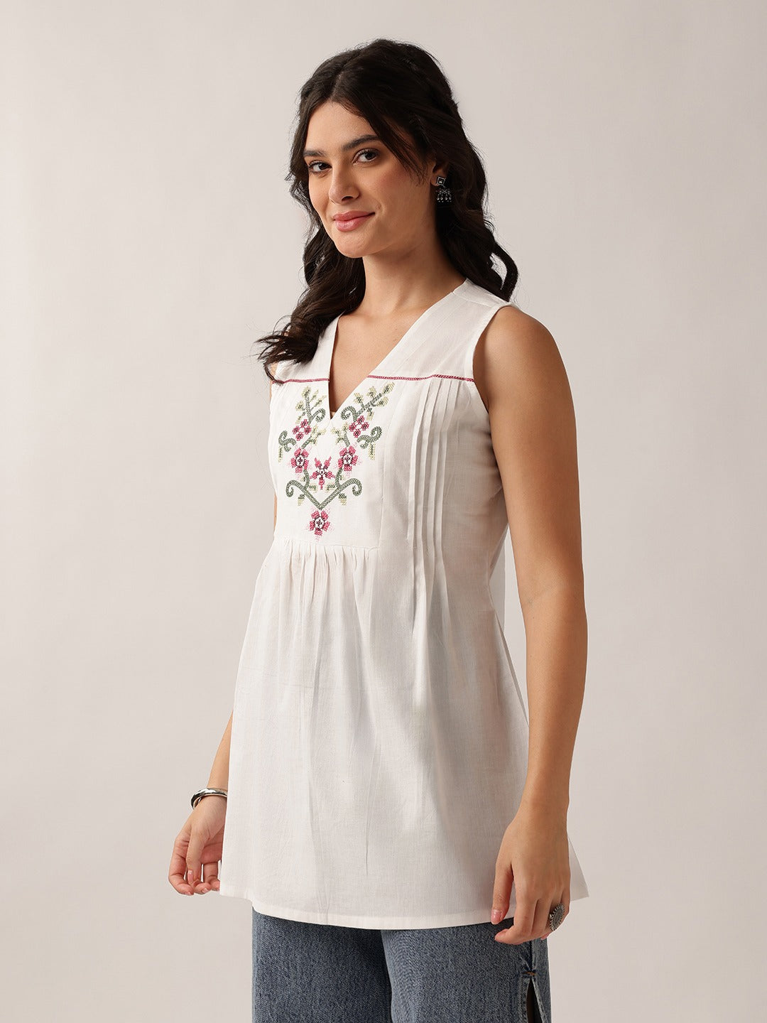 Women's White Embroidered Cotton Sleeveless Tunic Top