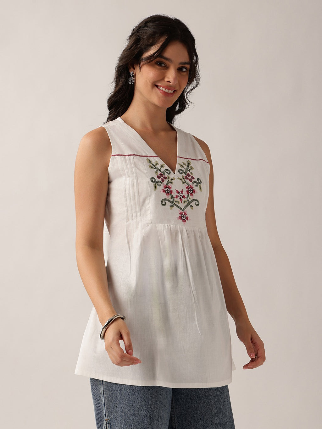Women's White Embroidered Cotton Sleeveless Tunic Top