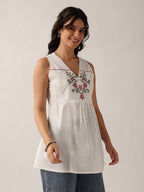 Women's White Embroidered Cotton Sleeveless Tunic Top