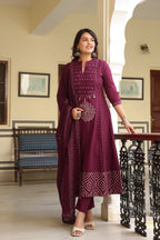 Royal Purple Cotton Kurta Pant Dupatta Set for Women