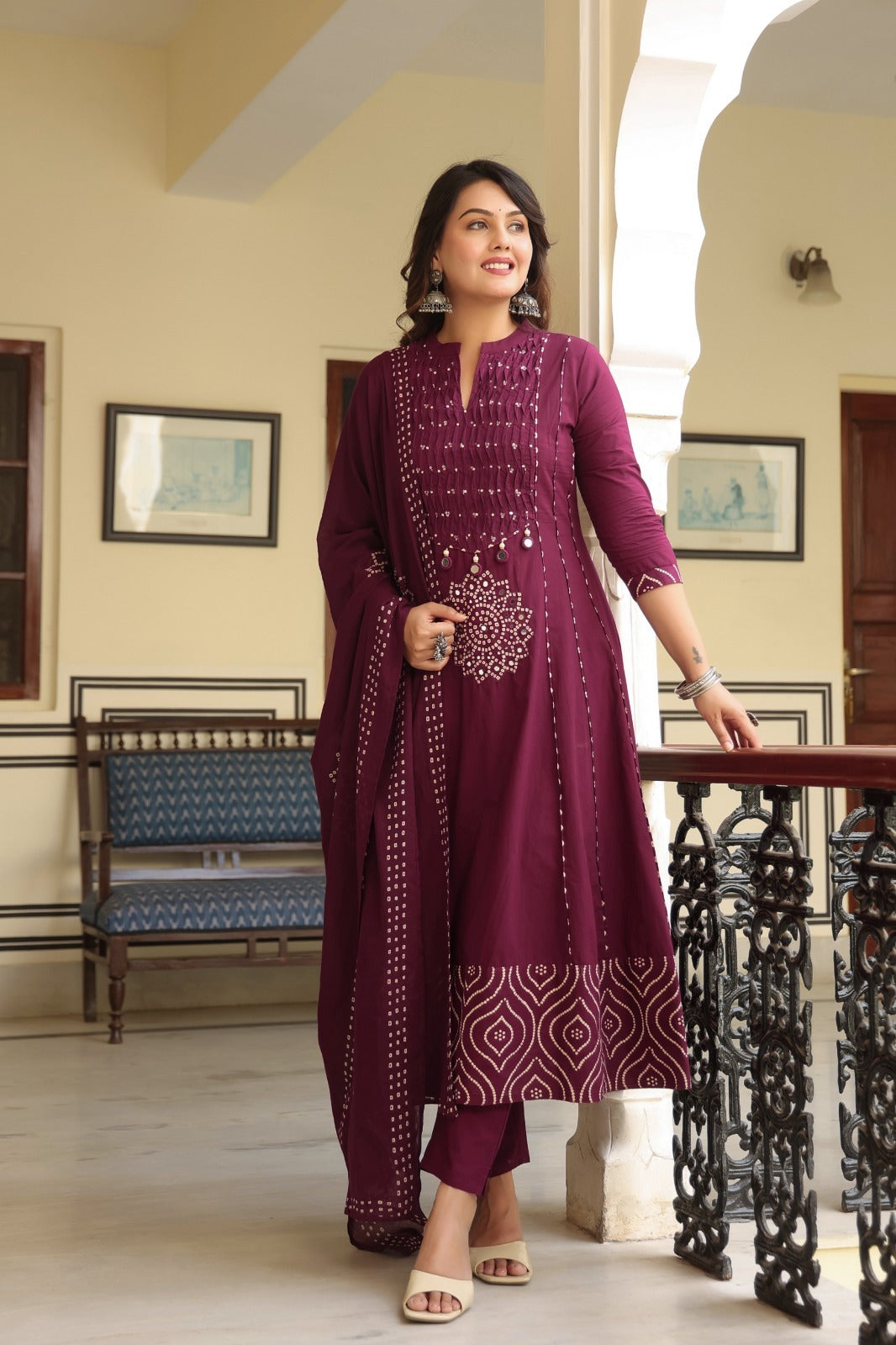 Royal Purple Cotton Kurta Pant Dupatta Set for Women
