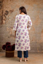 Teal White Pure Cotton Floral Kurta Set