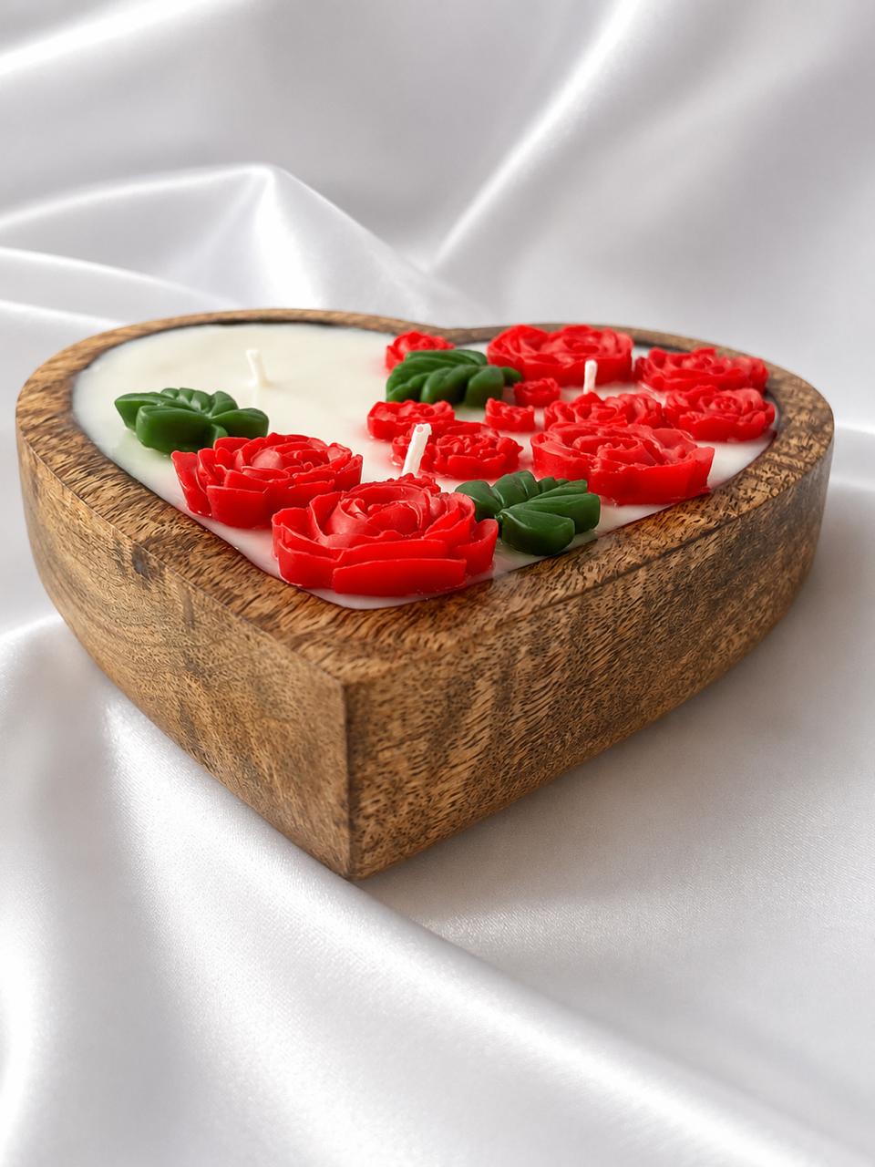 Twyla Heart Bloom Wooden Bowl Scented Candle with Handcrafted Roses