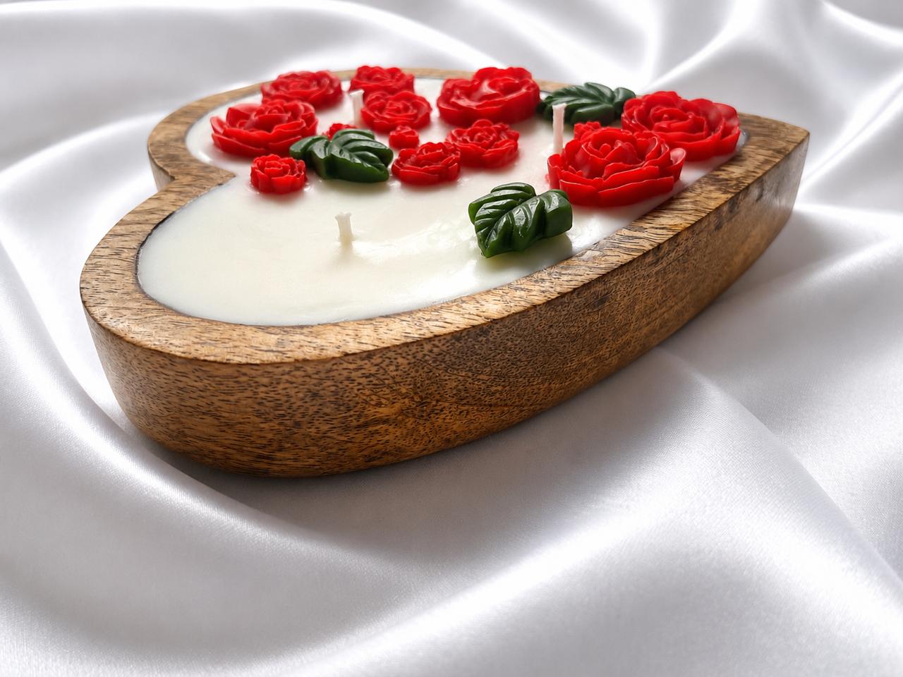 Twyla Heart Bloom Wooden Bowl Scented Candle with Handcrafted Roses