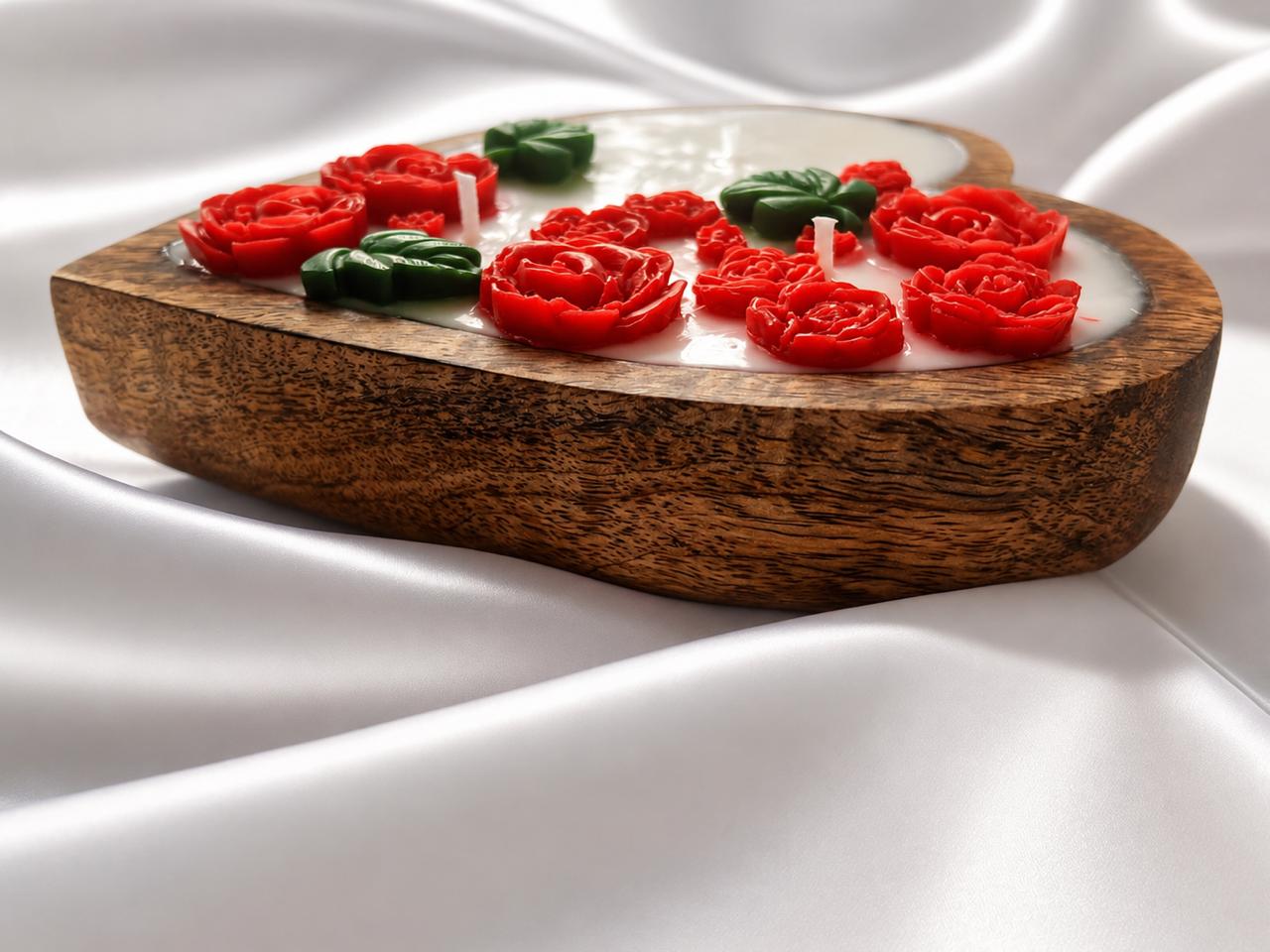 Twyla Heart Bloom Wooden Bowl Scented Candle with Handcrafted Roses