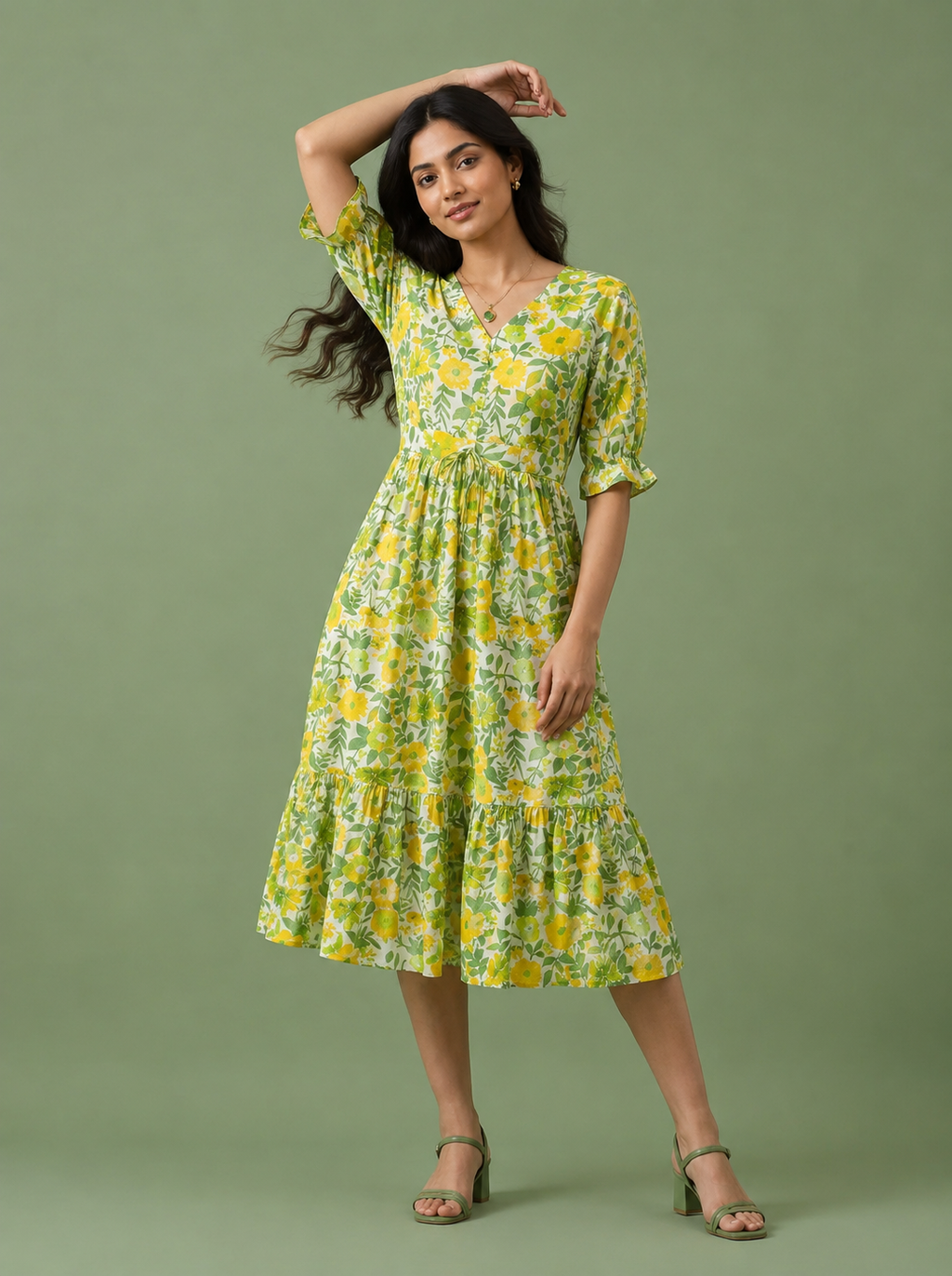 Yellow Floral Cotton Middy Dress