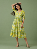 Yellow Floral Cotton Middy Dress