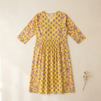 Women’s Floral Printed Cotton Kurti | Yellow V-Neck A-Line Kurta