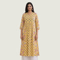 Women’s Floral Printed Cotton Kurti | Yellow V-Neck A-Line Kurta
