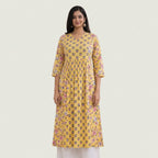 Women’s Floral Printed Cotton Kurti | Yellow V-Neck A-Line Kurta