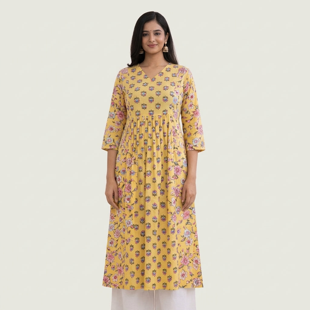Women’s Floral Printed Cotton Kurti | Yellow V-Neck A-Line Kurta